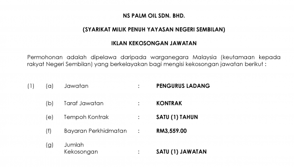 Iklan Jawatan (Pengurus Ladang) NS Palm Oil Sdn. Bhd.